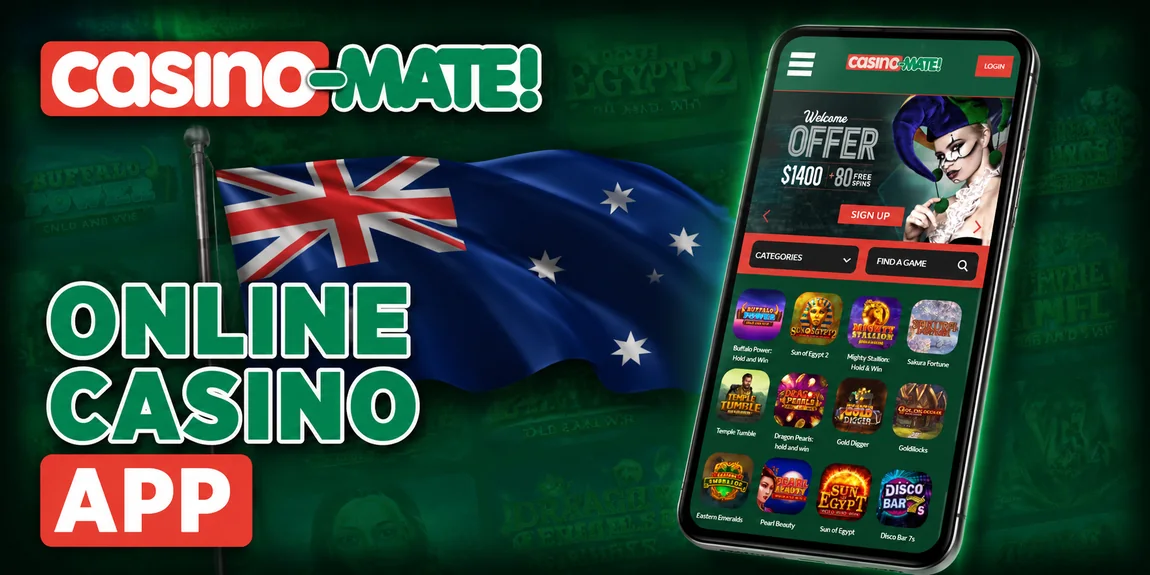 Casino Mate mobile app lobby on a smartphone showing pokies and the welcome offer