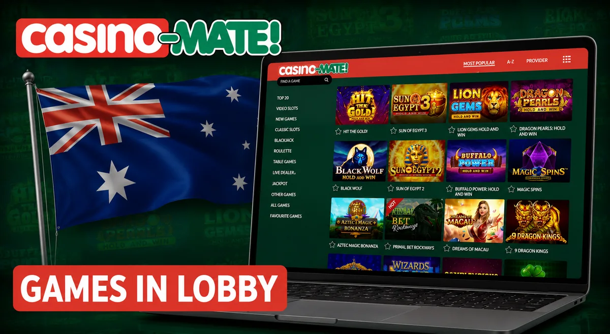 Casino Mate games lobby featuring live dealer tables and pokies for Australian players
